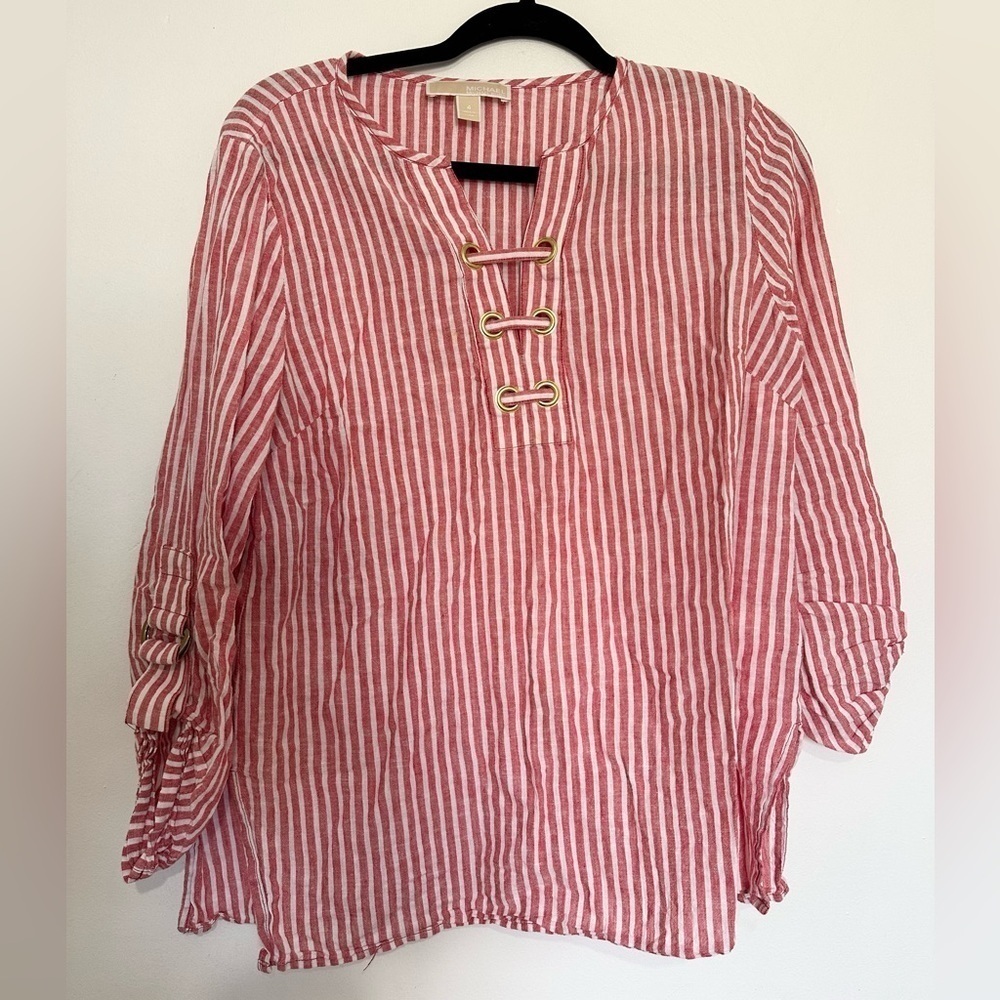 Michael Kors Womans Striped Linen Blend Tunic Top Size medium boho coastal